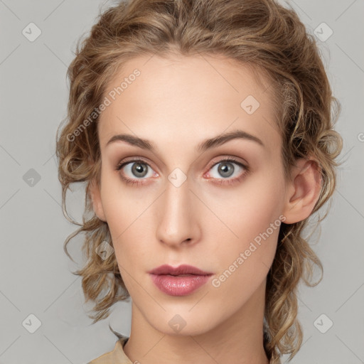 Neutral white young-adult female with medium  brown hair and grey eyes