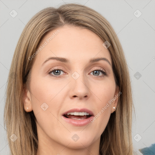 Joyful white young-adult female with long  brown hair and grey eyes