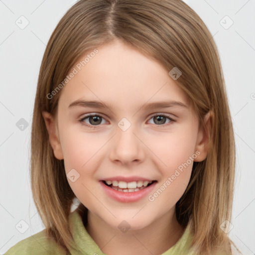 Joyful white child female with medium  brown hair and brown eyes