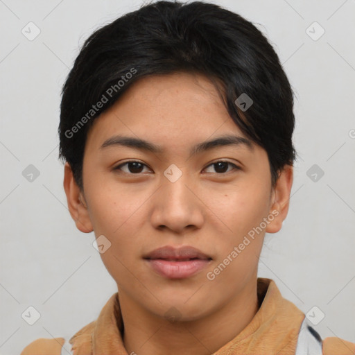 Neutral asian young-adult female with short  black hair and brown eyes