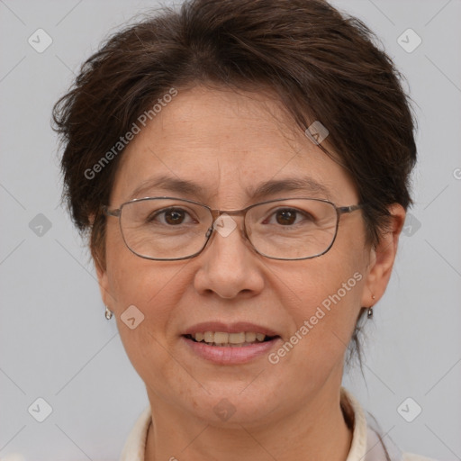 Joyful white adult female with short  brown hair and brown eyes