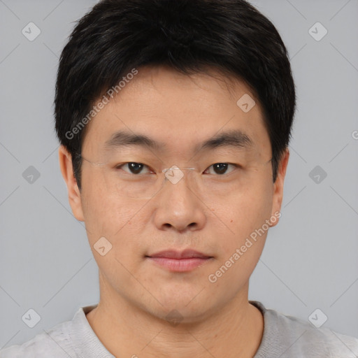 Neutral asian young-adult male with short  black hair and brown eyes