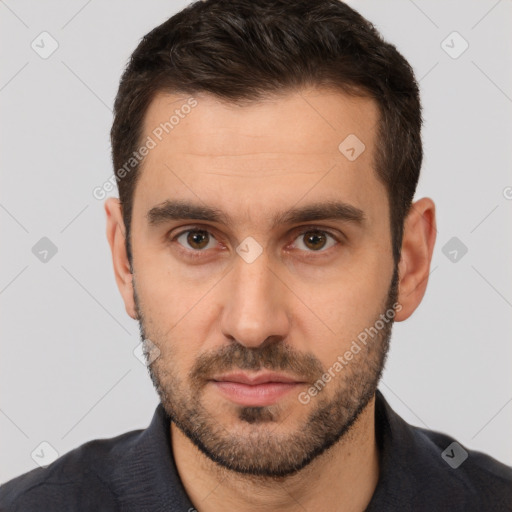 Neutral white young-adult male with short  brown hair and brown eyes