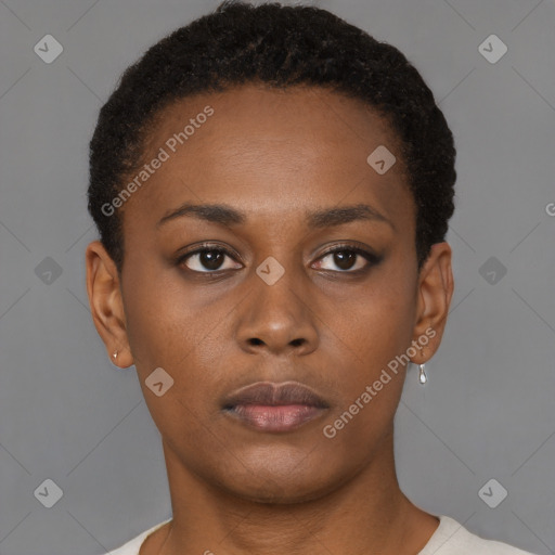 Neutral black young-adult female with short  brown hair and brown eyes