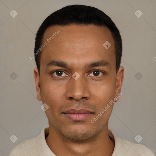 Neutral latino young-adult male with short  black hair and brown eyes