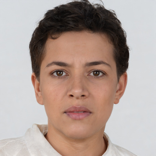 Neutral white young-adult male with short  brown hair and brown eyes