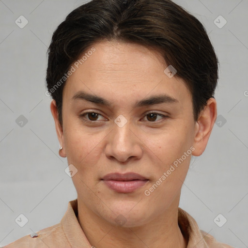 Joyful white young-adult female with short  brown hair and brown eyes