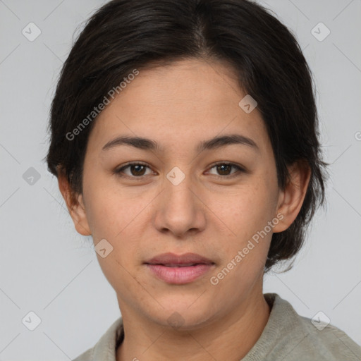 Neutral white young-adult female with medium  brown hair and brown eyes