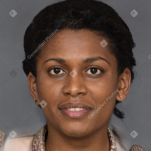 Joyful black young-adult female with medium  brown hair and brown eyes