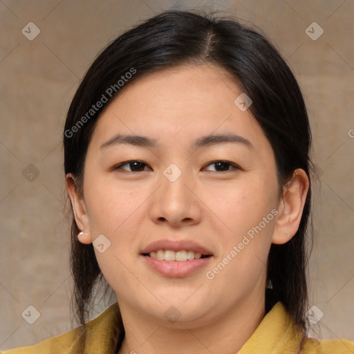 Joyful asian young-adult female with medium  brown hair and brown eyes