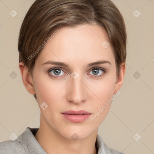 Neutral white young-adult female with short  brown hair and grey eyes