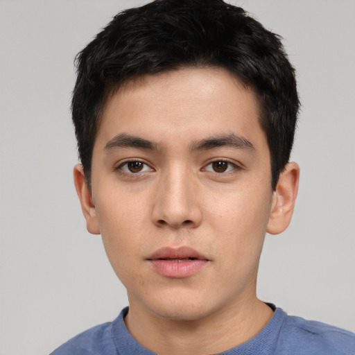Neutral white young-adult male with short  black hair and brown eyes