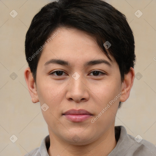 Joyful asian young-adult female with short  brown hair and brown eyes