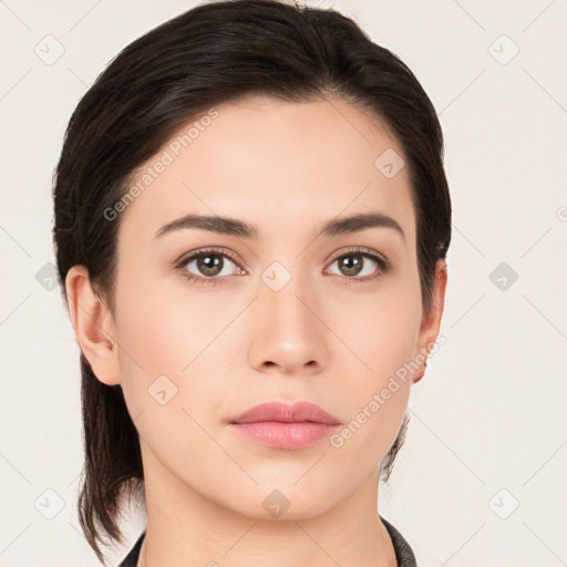 Neutral white young-adult female with medium  brown hair and brown eyes