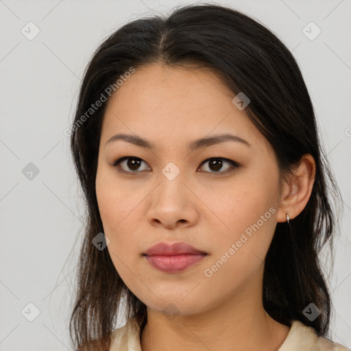 Neutral asian young-adult female with medium  brown hair and brown eyes