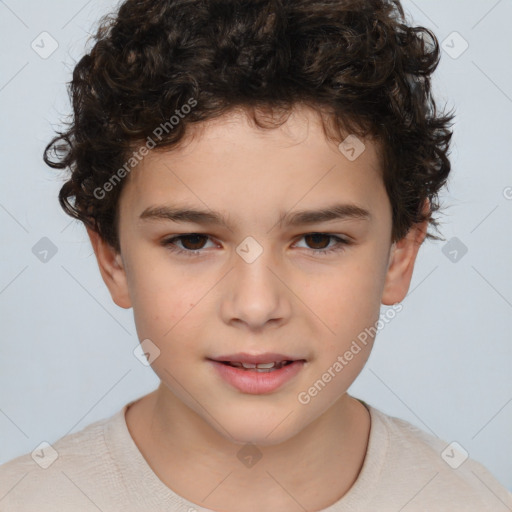 Joyful white child male with short  brown hair and brown eyes