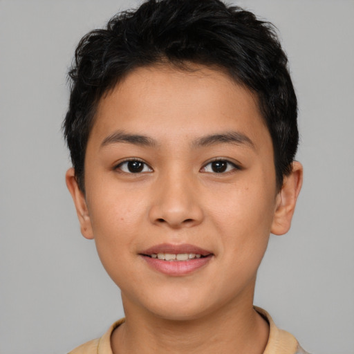 Joyful latino young-adult male with short  brown hair and brown eyes