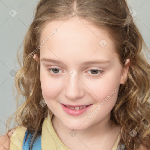 Joyful white child female with medium  brown hair and blue eyes