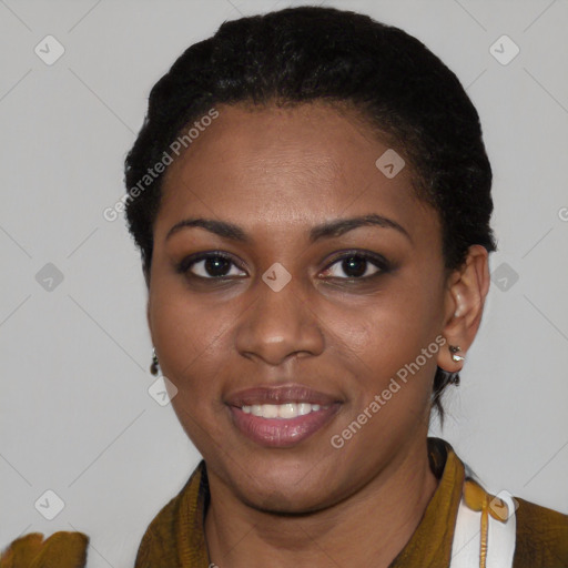 Joyful latino young-adult female with short  black hair and brown eyes