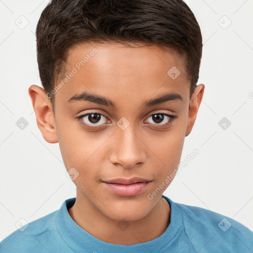 Joyful white child male with short  brown hair and brown eyes