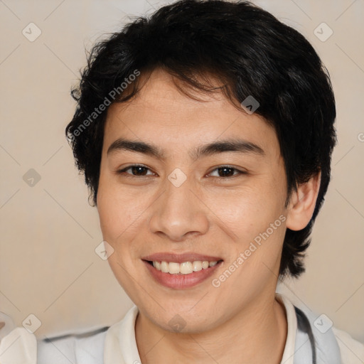 Joyful white young-adult male with medium  brown hair and brown eyes