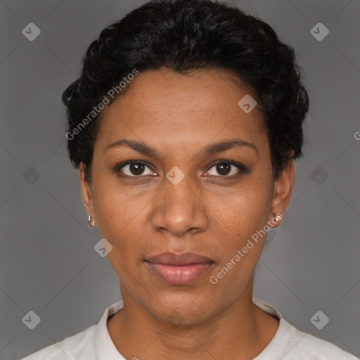 Neutral black adult female with short  black hair and brown eyes