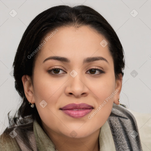 Joyful asian young-adult female with long  brown hair and brown eyes