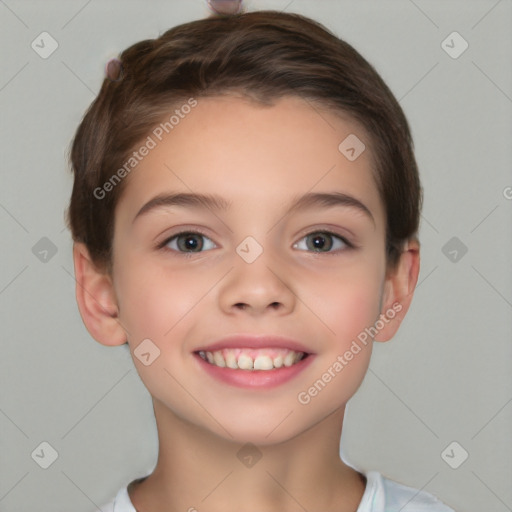 Joyful white child female with short  brown hair and brown eyes