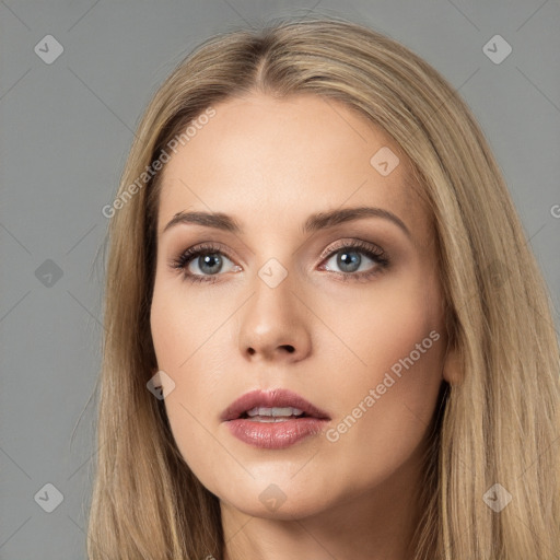 Neutral white young-adult female with long  brown hair and brown eyes