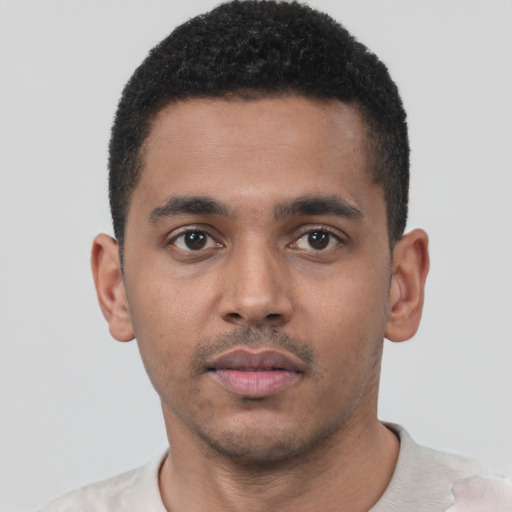 Neutral black young-adult male with short  black hair and brown eyes