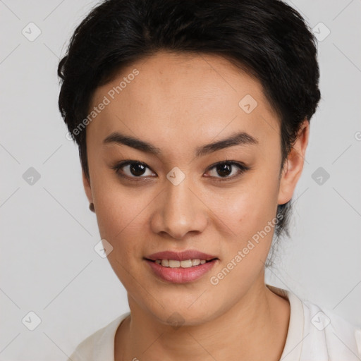 Joyful white young-adult female with short  black hair and brown eyes