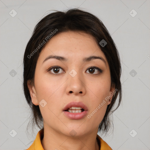 Neutral white young-adult female with medium  brown hair and brown eyes