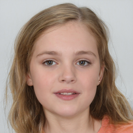 Neutral white child female with medium  brown hair and grey eyes