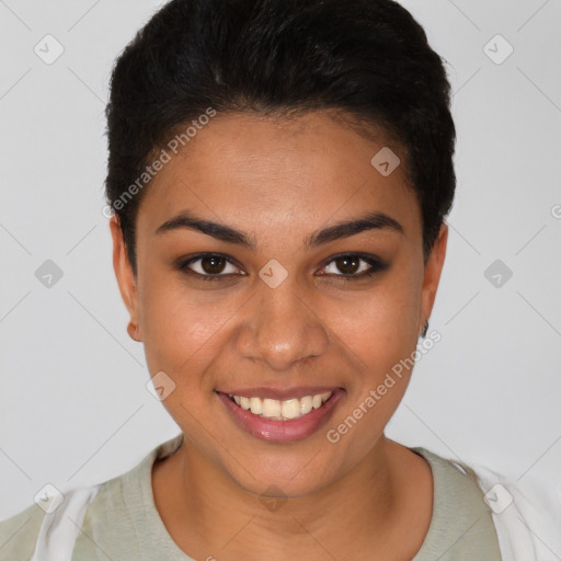 Joyful latino young-adult female with short  brown hair and brown eyes