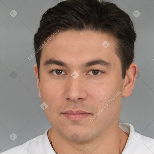 Neutral white young-adult male with short  brown hair and brown eyes