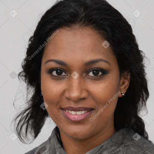 Joyful black young-adult female with medium  brown hair and brown eyes