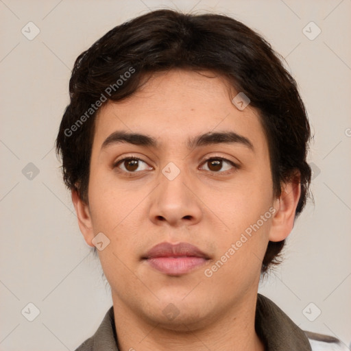 Neutral asian young-adult male with short  brown hair and brown eyes