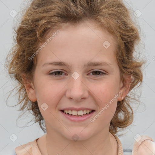 Joyful white child female with medium  brown hair and brown eyes