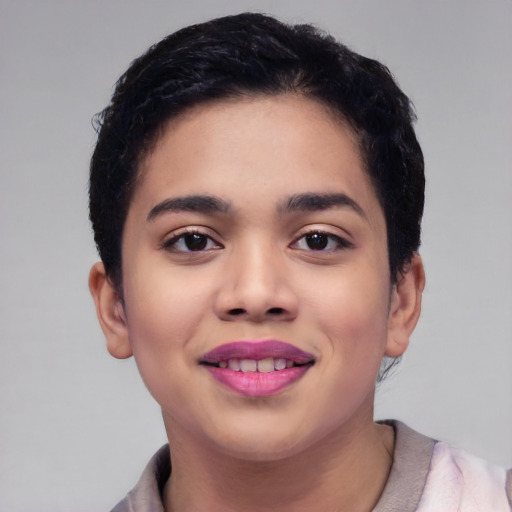 Joyful white young-adult female with short  black hair and brown eyes