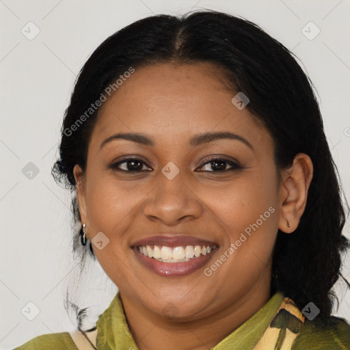 Joyful latino young-adult female with medium  brown hair and brown eyes