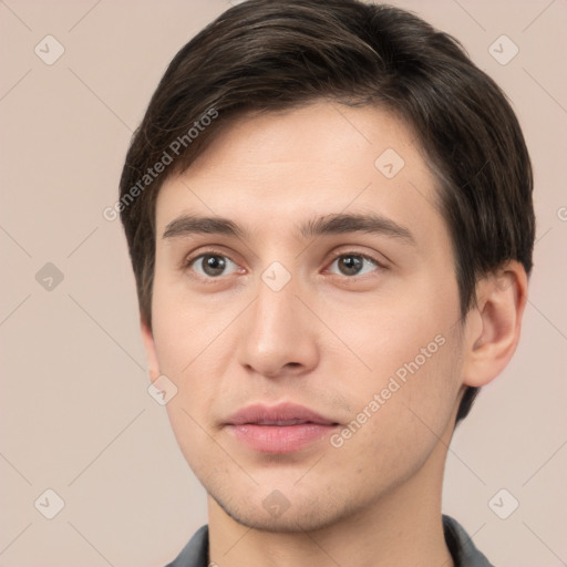 Neutral white young-adult male with short  brown hair and brown eyes