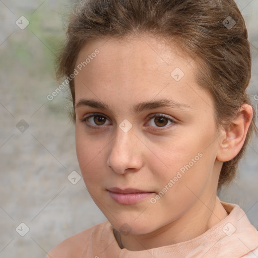 Neutral white young-adult female with short  brown hair and brown eyes