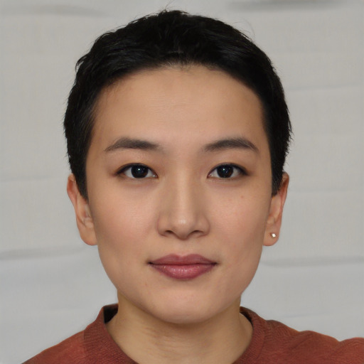 Neutral asian young-adult female with short  black hair and brown eyes