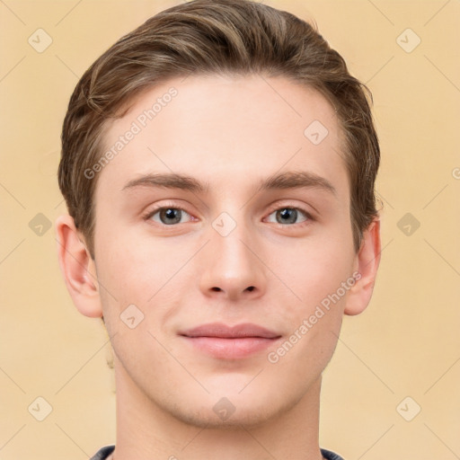 Neutral white young-adult male with short  brown hair and grey eyes