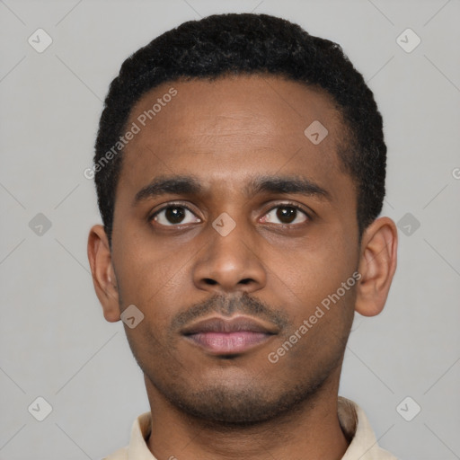 Neutral latino young-adult male with short  black hair and brown eyes
