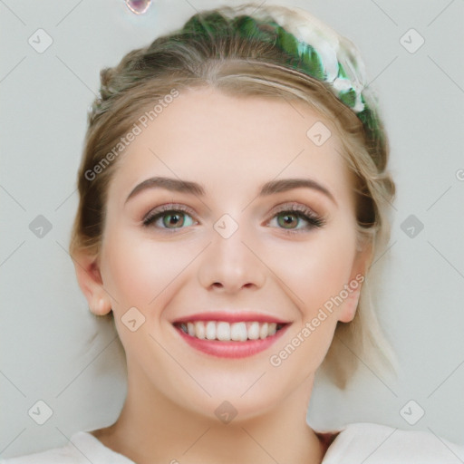 Joyful white young-adult female with medium  brown hair and blue eyes