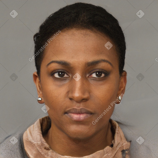 Neutral black young-adult female with short  brown hair and brown eyes