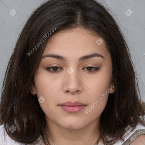 Neutral white young-adult female with long  brown hair and brown eyes