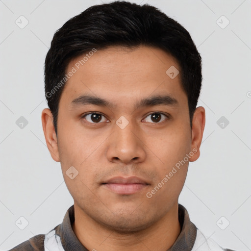 Neutral asian young-adult male with short  black hair and brown eyes