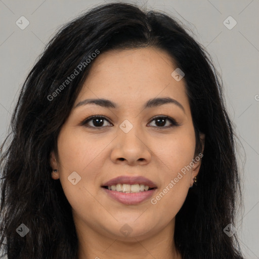 Joyful asian young-adult female with long  brown hair and brown eyes